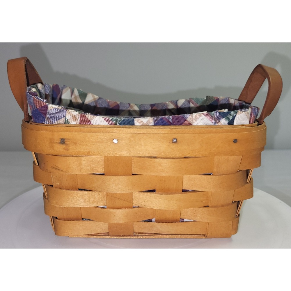 Longaberger Basket Small Rectangular Brown Plaid Liner Leather Handles 2002